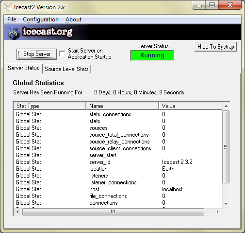 Icecast2 Win32 Main Window with server running