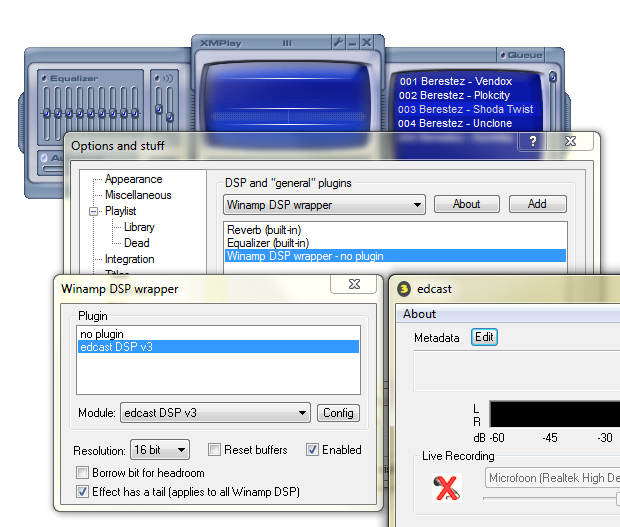 Adding the Edcast DSP via the Winamp DSP wrapper to the DSP chain