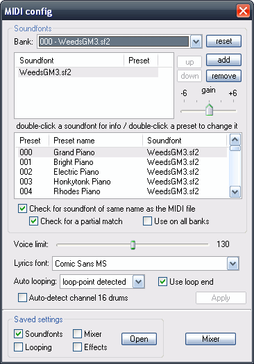 XMPlay MIDI Plugin SoundFont Configuration Panel